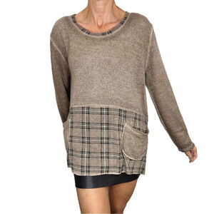Eternelle Italy mohair blend taupe brown plaid mixed media tunic sweater L/XL